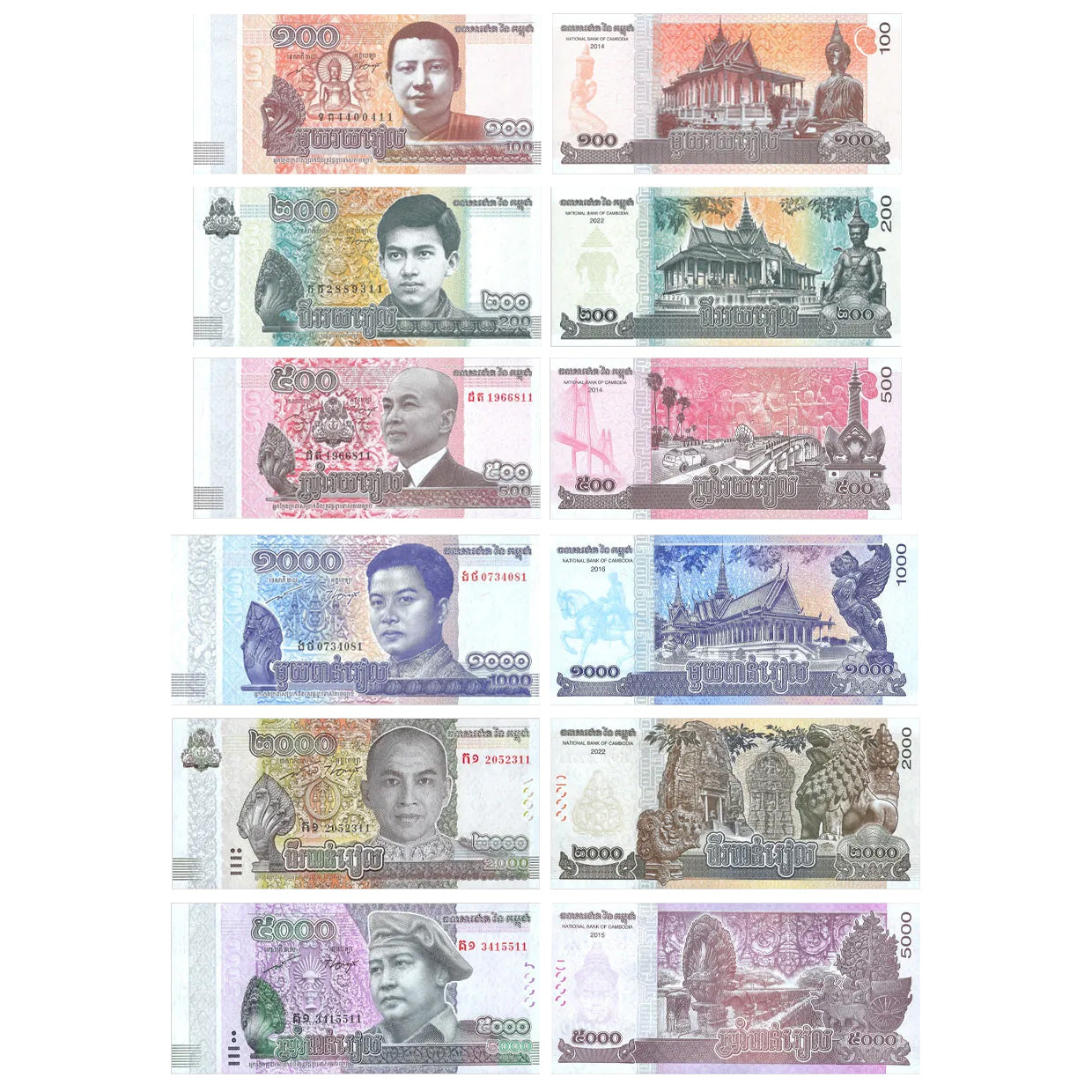 【未使用】【カンボジア】6枚セット Cambodia - 100,200,500,1000,2000,5000 Riels 2014/2022